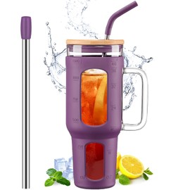 Glass Tumbler with Lid and Straw, 46 oz Iced Coffee Cup with Handle, Glass Water Bottles with Silicone Sleeve, Glass Cup with Straws - Pearl Straw & Drinking Straw BPA Free-Purple