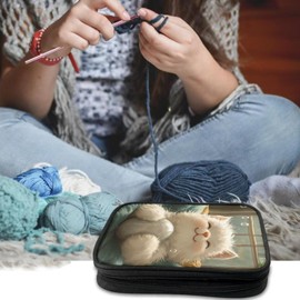 Tiasarato Zippered Crochet Hook Case Portable Travel Crochet Hook Organizer Bag Storage Pouch Cat and Yarn Print for Beginners Women Adults Crochet Lovers