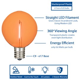Novelty Lights 25 Pack G50 LED Light Bulbs, E17 C9 Intermediate Screw Base Shatterproof Outdoor String Lights Clear Globe Bulbs, Edison Light Bulbs for Patio Decor, Orange, 0.6 Watt