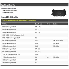 Marketplace Auto Parts Hood Insulation Pad - Compatible with 1999-2006 Volkswagen Golf A4