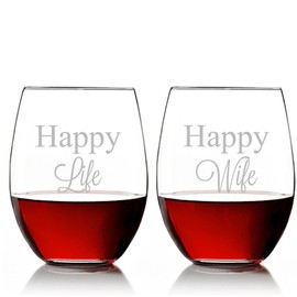 Happy Life and Happy Wife Stemless 15 oz Wine Glass Set