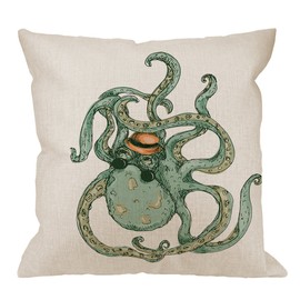 HGOD DESIGNS Octopus Pillow Case,Cartoon Funny Green Octopus with Black Sunglasses Cotton Linen Cushion Cover Square Standard Home Decorative for Men/Women/Kids 18x18 inch Green