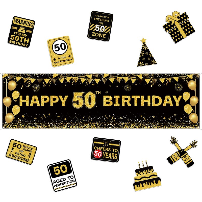 Black Gold 50th Birthday Party Decorations Banner for Men Women