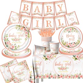 Baby Girl Shower Decorations Floral Baby Girl Shower Tableware Rose Gold Baby Girl Plates Napkins Cups Tablecloth for Girl Pink Baby Shower Party Supplies