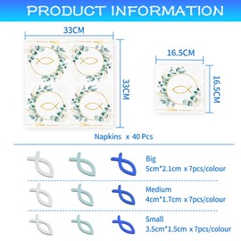 SUPJADE Christening Decorative Napkins Christening Communion - Pack of 40 Napkins Fish 63 Pieces Wooden Fish Decoration Napkins Green Eucalyptus Table Decoration for Communion Confirmation 33 x 33 cm