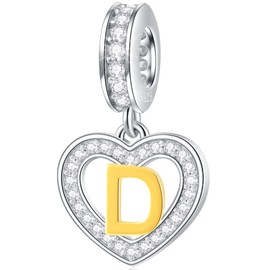 18K Gold-Plated Letter Charms Initials A to Z Necklace Pendant, 925 Sterling Silver CZ Heart Dangle Alphabet Beads Fit European DIY Bracelet, Gifts for Valentine's Day/Christmas/Family, Sterling