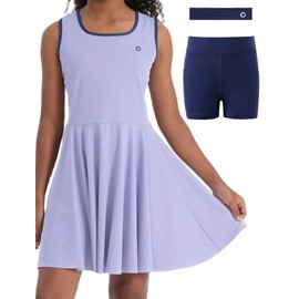 PATPAT Girls Tennis Dress Set, Athletic Dress with Headband & Bamboo Viscose Shorts with Pocket, Outfit for Golf Dance School, Lavender Haze, US6/XS