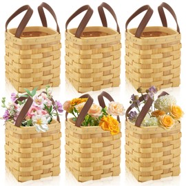 Oungy 6pcs Small Wicker Basket with Handle, 4 X 3.9inch Wood Woven Picnic Basket, Small Square Baskets for Easter, Gifts, Wedding Flower, Home