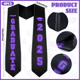 Eurzom 4 Pcs 72 Inch Graduation Stole Class of 2025 Unisex Adult Graduation Sash for Men Women High School College(Purple and Black,Graduate 2025)
