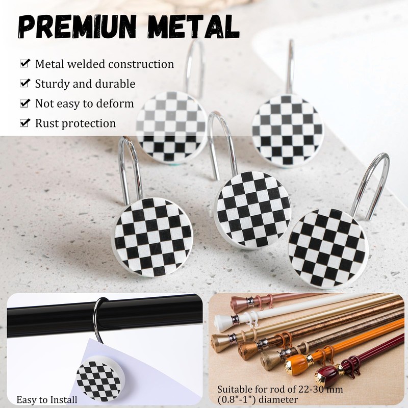 Yalikop 12 Pack Black and White Checkered Shower Curtain Hooks