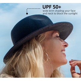 Joywant Abby Straw Sun Hat for Women with UV Protection Wide Brim Wind Lanyard,Travel Foldable Summer Beach Hat Panama Fedora-Black