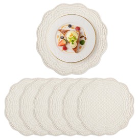 BALAPET Quilted Placemats Set of 6, 100% Cotton 14" Table Mats Farmhouse Style, Reversible Round Tabletop with Scalloped Edges for Kitchen Dinner Party Holidays, Natural, Machine Washable