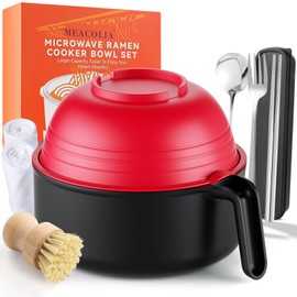 Ramen Bowl Set, Large 40 oz Microwaveable Noodle Cooker with Lid and Strainer for Ramen, Pho, Soup, Pasta, with Stainless Steel Chopsticks, Spoon, Fork and Brush, for Office, College, Dorm, Gift (Red)