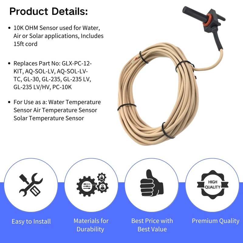 GLX-PC-12-KIT 10K Thermistor Temperature Sensor with 15-Feet Cable Water/Air/Solar Temperature