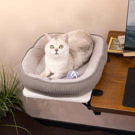 EAVAN Cat Bed for Desk - Pre-Assembled Foldable Clamp On Space Saving Perch, Desk Pet Furniture Supports Up to 50lbs, Big Cat Bed with Washable Cover & Plush Toy (Grey)