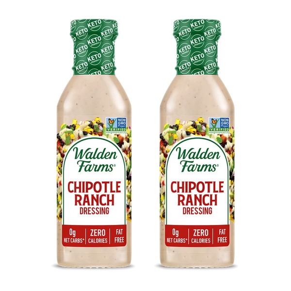 Walden Farms Chipotle Ranch Dressing 12 Oz. Bottle (2 Pack) - Fresh & Delicious Salad Topping, 0g Net Carbs Condiment, Kosher Certified - Great on Salads, Burgers, Sandwiches, Tacos, Pizza and Many More