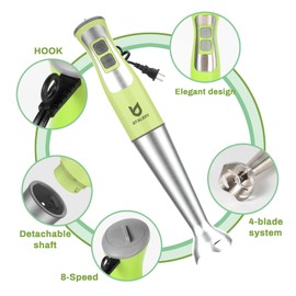 Immersion Hand Blender, UTALENT 5-in-1 8-Speed Stick Blender with 500ml Food Grinder, BPA-Free, 600ml Container,Milk Frother,Egg Whisk,Puree Infant Food, Smoothies, Sauces and Soups - Green
