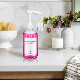 Onsogi Glass Mouthwash Dispenser with Cup Holder and Pump, 16 Oz Rustic Boho Mouthwash Dispenser for Bathroom Farmhouse Decor - 1 Pack Clear