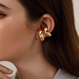 ALEXCRAFT Chunky Gold Ear Cuffs Non Piercing Earrings for Women 14K Thick Hoops Lightweight Jewelry