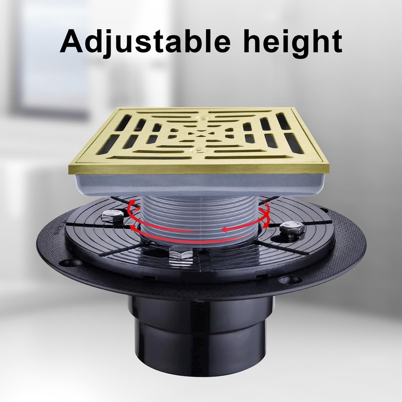 EXF Square Shower Drain 4 1/3 Inch Brushed Gold, Low