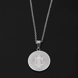 Medalla Collar San Benito Dije Cadena Acero Inoxidable Plateado de sacramento cristiano Colgante católico religioso protección cruz romana
