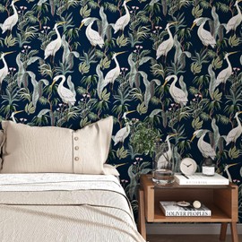 ReWallpaper Navy Blue Peel and Stick Wallpaper White Crane Removable Dark Green Botanical Wallpaper Self Adhesive 17.5in X 10ft Decorative Contact Paper Peel & Stick Wall Mural Vintage Wall Paper Roll