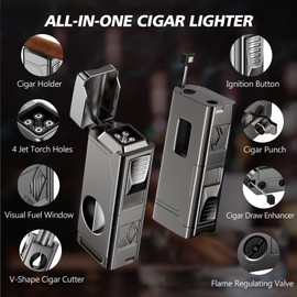 Tesonway Cigar Torch Lighter, 4 Jet Flame Cigar Lighter with Cigar Cutter V Cut Cigar Accessories Cigar Holder Cigar Punch Cigar Draw Enhancer, Windproof Refillable Butane Lighter, Cigar Gifts for Men