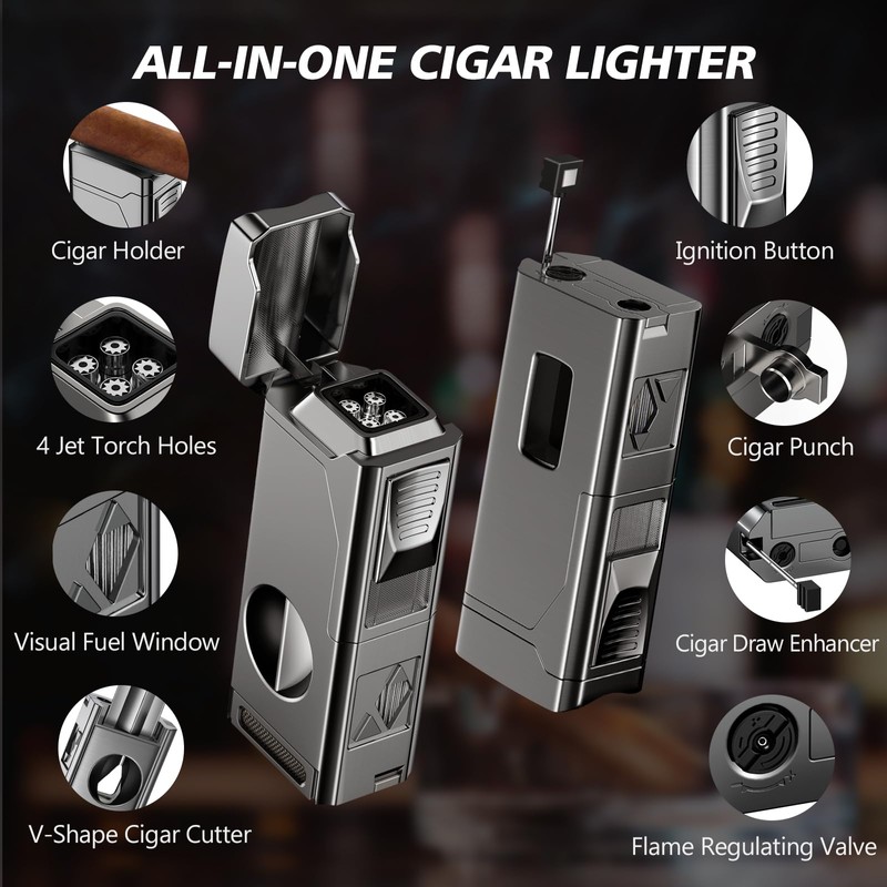 Tesonway Cigar Torch Lighter, 4 Jet Flame Cigar Lighter with