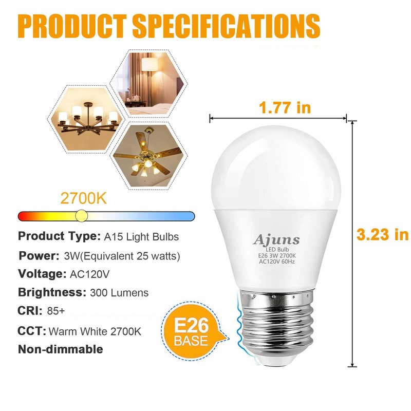 Ajuns LED 3W 25 Watt Light Bulbs Equivalent, 120V Ceiling