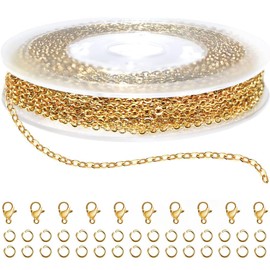 YUUSIKCO 1 x Link Chain Gold - 10 Metres Gold Link Chain Jewellery Making Chain Plated Necklace Cable Metal Chain with 50 Jump Rings and 20 Lobster Clasps for Jewellery Making