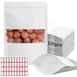 RUISTLI 120 Piezas Bolsas de Papel Kraft-9x14cm,Bolsitas para Dulces,Bolsas Hermeticas Alimentos con Ventana y Cremallera-Bolsas Herméticas para Dulces,Bolsas Reutilizables para Alimentos (Blanco)