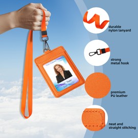 Oretgie Leather Badge Holder with Adjustable Lanyards,Swivel Metal Clasp for Offices, Staff, Students, Employees (Orange)