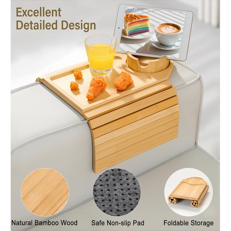 Kssiaz Couch Arm Tray, Bamboo Sofa Table for Couch, Sofa