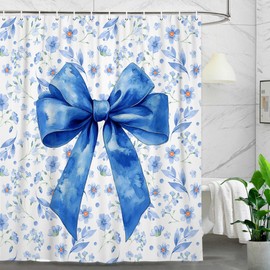 MDUKOIN Blue Bow Shower Curtain, Cute Watercolor Floral Bow Princess Style Shower Curtain for Kids, Boho Aesthetic Bathroom Accessories Room Decor Shower Curtain Set, 72X72IN