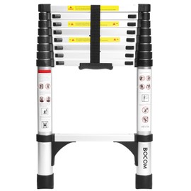BOCOM 8.5 FT Aluminum Telescoping Ladder, Lightweight Multi-Purpose Collapsible Extension with 2 Triangle Stabilizers, Heavy Duty 330 lbs Max Capacity, Ideal for Home, RV, and Outdoor Work Silver