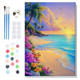 Bowetile Landscape Paint by Numbers Adult Kit Beginner, Adults Paint by Number Beach Kits on Canvas with Frame, Seaside Peinture a Numero Adulte, DIY Acrylic Oil Painting Art Craft Kits, 8x12in