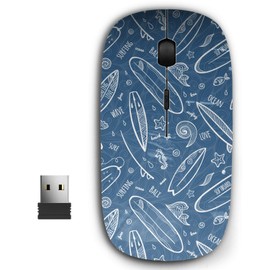 KAWAMOUSE 2.4G Ergonomic Portable USB Wireless Mouse for PC, Laptop, Computer, Notebook with Nano Receiver (Blue White Outlines Doodle Surfboards)