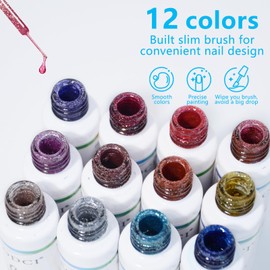eodci Nail Art Gel Liner Set, 12 Colors Platinum Summer Pink Gold Green Glitter Spring Gel Polish for Swirl French Tip Painting Designs Soak Off Built Thin Brush DIY Nail Starter Kit