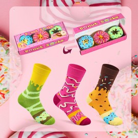 Funny Donut Socks Box -Funny Gifts for Women Mum Teenage Girls-Fun Novelty Funky Cute Food Silly Cotton Crazy Socks Mothers Day Easter Valentines Christmas Birthday Gifts Stocking Fillers-3 pairs