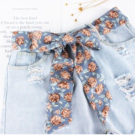 NIDMIDO Women Floral Knotted Waist Skinny Scarf Belt,Jeans Dress Ribbon Scarf Sash Belts,Vintage Tie Bag Chiffon Belt Accessories (Blue)