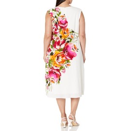 London Times Women's Plus Size Floral Print Placement Blouson Dress with Cap Sleeves, Soft White/Pink