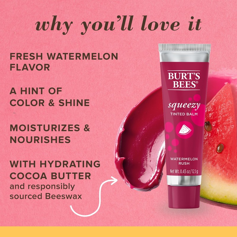 Burts Bees, Squeezy Tinted Lip Balm - Watermelon Rush, 0.43