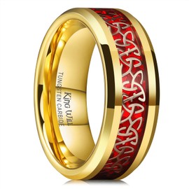 King Will Tungsten Wedding Bands 8mm Men Wedding Ring Inlay Gold Red Celtic Knot Daily Wear Beveled Polished Edge Comfort Fit Size 9.5