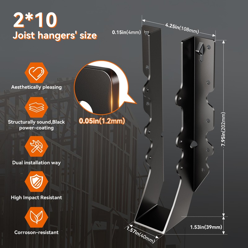 50 Pcs Black Joist Hangers 2X10, 18 Gauge Rafter Brackets