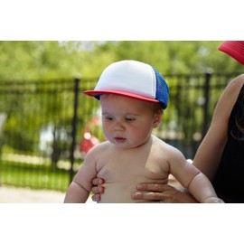 Funky Junque Toddler Flat Brim Trucker Hat Baby Boy Kids Adjustable Mesh Baseball Cap Summer - 12-24 Months Red/White/Royal Blue