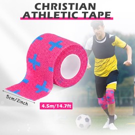 1 Pcs Cross Tape Christian Athletic Tape 2IN X 15FT Elastic Wrist Wrap for Baseball Soccer Football Gymnastic Non Woven Jesus Self Adhesive Bandage Sport Bandage Wrap for Wrist, Feet (Pink)