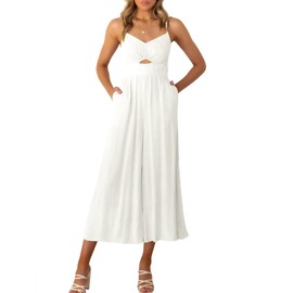 ANRABESS Womens Jumpsuits Dressy 2024 Summer Sleeveless One Piece Spaghetti Straps V Neck Cutout Smocked Wide Leg Rompers Linen Resort Travel Vacation Outfits with Pockets 501mibai-S