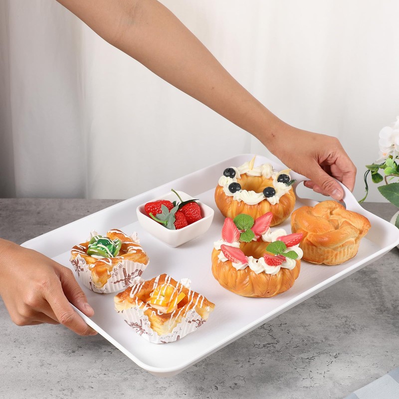 2 Pack Melamine Serving Trays with Handles, Large White Rectangular