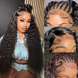 Deep Wave Lace Front Wigs Human Hair 13x6 HD Transparent Lace Front Wigs Human Hair Pre Plcked Curly Human Hair Wig for Women Deep Wave Frontal Wigs Human Hair with Baby Hair 180 Density (34 Inch)
