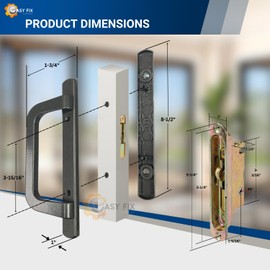Easy Fix Hardware 8.5" PGT Sliding Door Complete Handle Kit Set for Patio Glass Door Repair | Mortise Lock, Keepers, Screws, Latch Lever | w/ 45 Degrees and 3-15/16" Hole Spacing - Bronze
